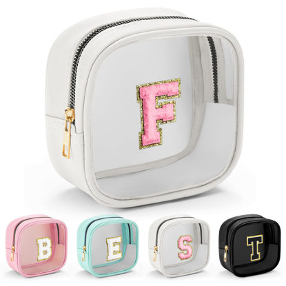 Picture of YOOLIFE Initial Make Up Bag Travel Toiletry Bag, Clear Makeup Bag Preppy Cosmetic Bags Organizer Travel Essentials Gifts for Women Teen Girlfriend Teacher Mom Brithday Mothers Day Gifts White F
