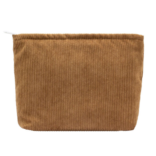 Picture of PAZIMIIK Makeup Bag Large Zipper Corduroy Make Up Pouch for Purse Travel Canvas Cosmetic Organizer for Women Brush Storage,Brown