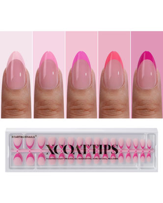 Picture of btartboxnails XCOATTIPS Pink French Tip Press On Nails - Short Press On Nails Almond, Soft Gel Nail Tips, 160Pcs Soak Off Acrylic Pink Fake Nail Extension in 16 Sizes