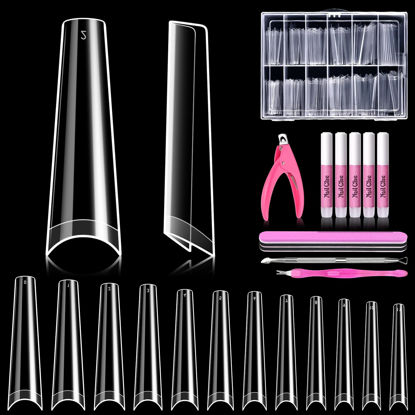Picture of MORGLES 240 Pcs Half Cover Coffin Nail Tips Clear Acrylic Extra Long False Nail Tips with Glue, Clipper, Files and Cuticle Fork for Salons and Home DIY