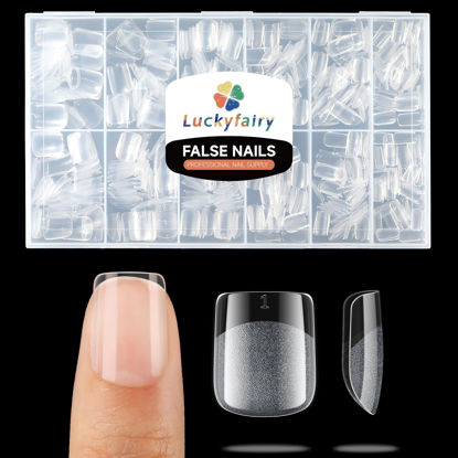 Picture of Luckyfairy XS Short Square Fake Nails, 504pcs Soft Gel Pre-Shaped Acrylic Extra Short Square Nail Tips Half Matte Full Cover Clear Press on Flase Tips for Nail Extension Home DIY 12 Sizes Gelly Tips