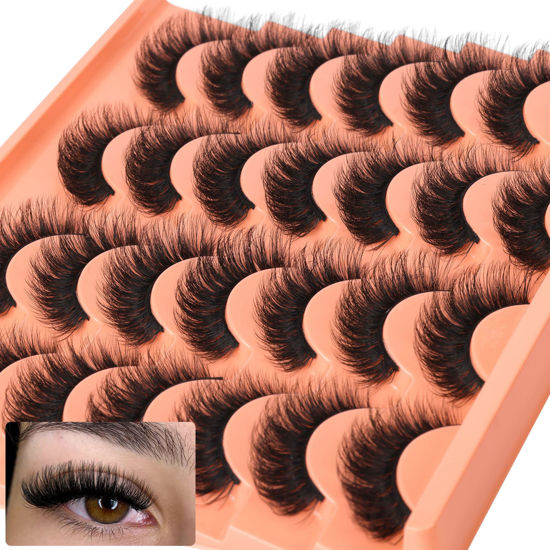 Picture of Short Lashes Natural Look False Eyelashes Thick Fluffy Faux Mink Lashes Pack Wispy Strip Fake Eyelashes Cat Eye Lashes that Look Like Extensions 14 Pairs Black