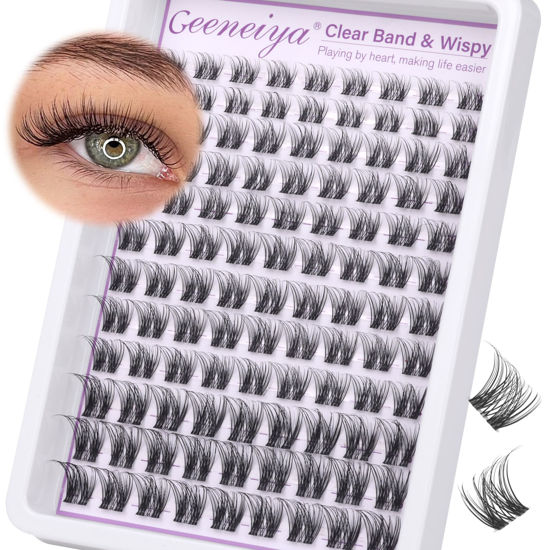 Picture of Clear Band Eye Lash Clusters Natural Wispy Eyelash Clusters 10-16MM Lash Extension D Curl Invisible Band Cluster Eyelash Extensions Individual Eyelashes DIY Lashes at Home by Geeneiya