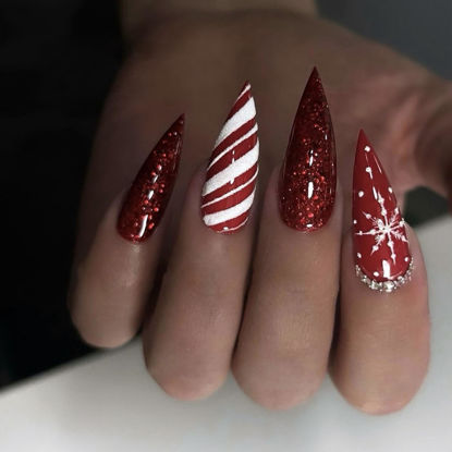 Picture of Christmas Press on Nails Red Long Stiletto Fake Nails with Red Glitter Design Snowflake Glue on Nails Stripes Stick on Nails Glossy Reusable Rhinestone Winter False Nails for Women Girls Manicure