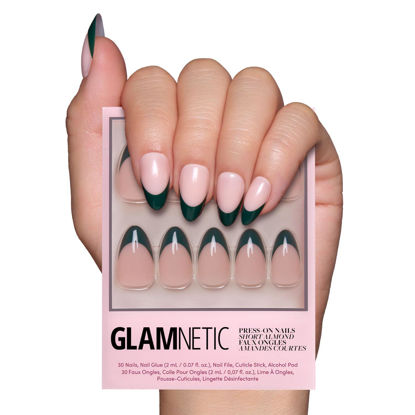 Picture of Glamnetic Press On Nails - Château | Semi-Transparent Dark Forest Green French Tip Short Almond False Nails, Reusable Stick On Fake Nails with Glue | Salon Quality | 15 Sizes - 30 Nail Kit