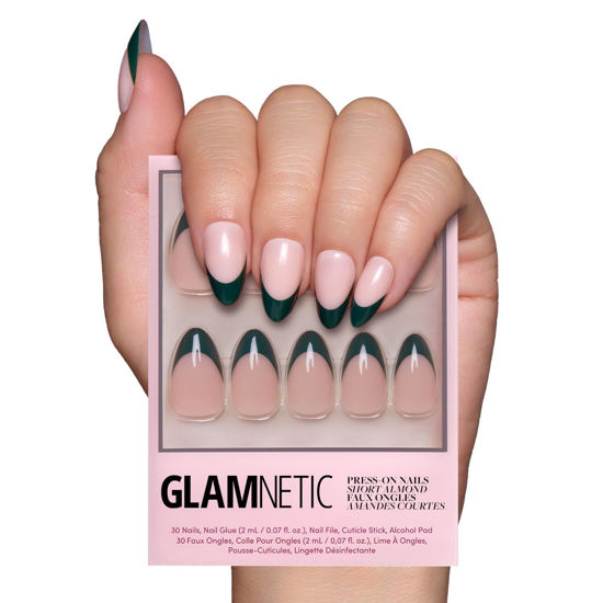 Picture of Glamnetic Press On Nails - Château | Semi-Transparent Dark Forest Green French Tip Short Almond False Nails, Reusable Stick On Fake Nails with Glue | Salon Quality | 15 Sizes - 30 Nail Kit