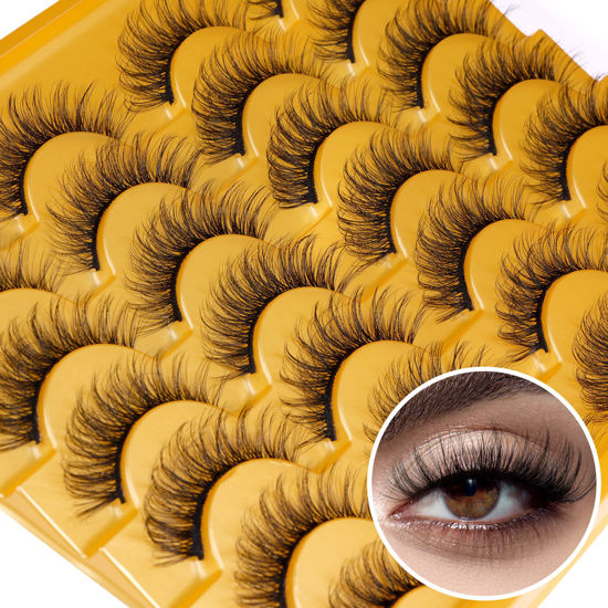 Picture of False Eyelashes Natural Look 12mm Fluffy Lashes Wispy Faux Mink Eyelashes 3D Volume Cat Eye Lashes Pack by Zegaine 14 Pairs