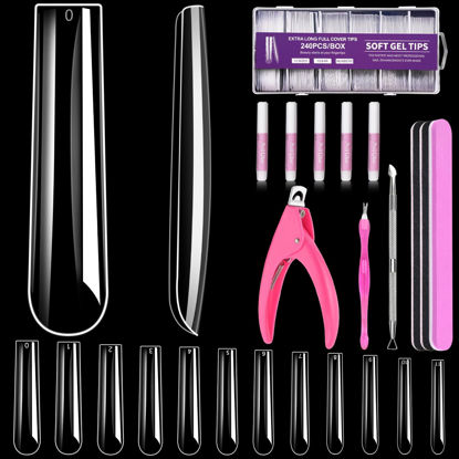 Picture of MORGLES Extra Long Tapered Sqaure Nail Tips, 240 Pcs 3XL Full Cover Fake Tips Clear Gel X Nail Kit with Glue, Clipper, Files and Cuticle Fork for Acrylic Home DIY with Box