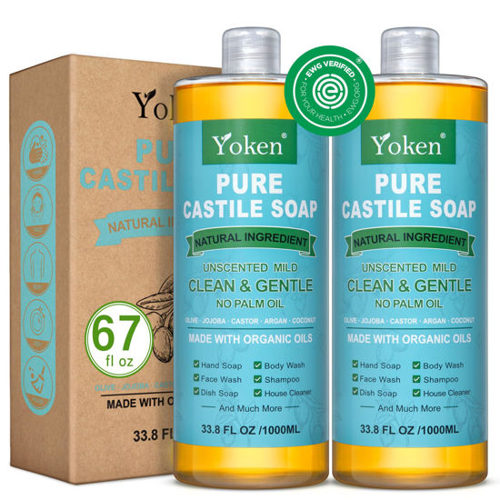 Picture of Yoken Pure Castile Soap Liquid Unscented 67 fl oz Castile Liquid Soap Made With Organic Oil, Clean & Gentle, No Palm Oil,Vegan, Natural Castile Soap for Face Body Wash, Hand Soap, Dishes Multi-purpose
