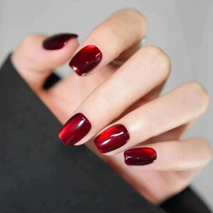 Picture of Press on Nails Short Square Acrylic Fake Nails with Apricot Design Full Cover False Nails Glossy Nude Glue on Nails Artificial Stick on Nails for Women 24Pcs (Cate Eye Red)