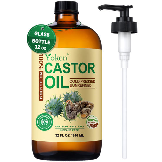 Picture of Yoken EWG Verified Organic Castor Oil Glass Bottle 32 fl oz (with Pump) 100% Pure Castor Oil for Skin Face Hair, Cold Press, Hexane Free, Unrefined Caster oil for Castor Oil Pack Deep Nourish Body