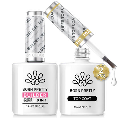 Picture of Born Pretty Glossy Top Gel, Clear Builder Nail Gel for Nails, 8 in 1 Nail Strengthener in a Bottle, Builder Extension Gel for Nails Shine Finish and Long Lasting Nail Protection Soak Off 15ml 2pcs