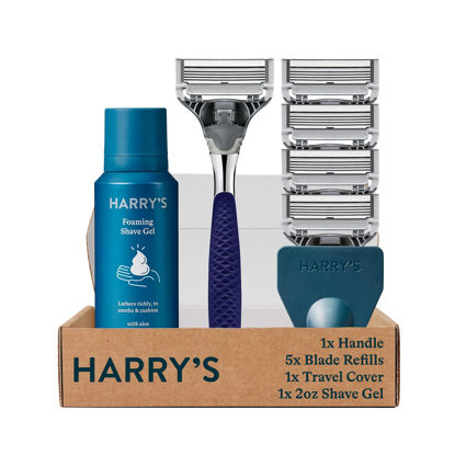 Picture of Harry's Razors for Men, 1 Handle (Chrome Edition) and 4 Razor Blade Refills with German Engineered 5-Blade Technology, 2 oz. Foaming Shave Gel, Travel Blade Cover- Holiday Gift for Men