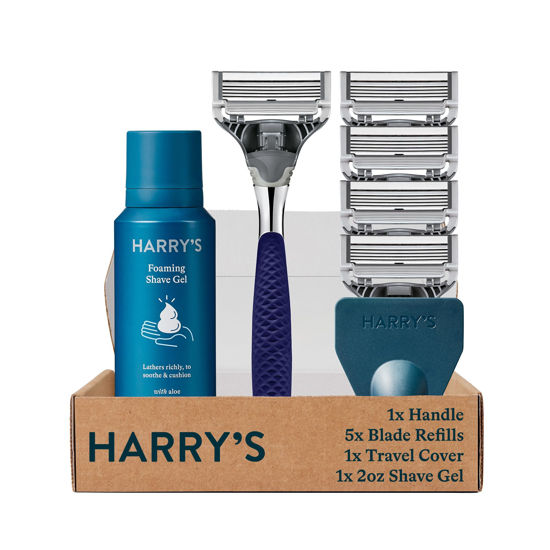 Picture of Harry's Razors for Men, 1 Handle (Chrome Edition) and 4 Razor Blade Refills with German Engineered 5-Blade Technology, 2 oz. Foaming Shave Gel, Travel Blade Cover- Holiday Gift for Men