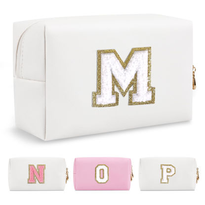Picture of Small Personalized Initial A-Z Preppy Patch Makeup Bag,White PU Chenille Letter Travel Cosmetic Pouch with Zipper,Cute Toiletry Bag,Gift Ideal for Teen Girls Women Teacher Bridesmaid,Letter M