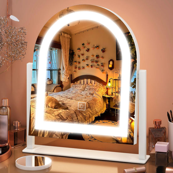 Picture of FENNIO Vanity Mirror with Lights 15"x13" Makeup Mirror with Lights, Lighted Makeup Mirror Touch Screen with 3-Color Lighting, 10X Magnification, Dimmable, for Vanity Desk Tabletop(White)