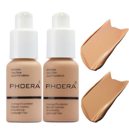 Picture of 2 Pack PHOERA Foundation 104- Buff Beige and 105- Sand, Flawless Soft Matte Liquid Foundation 24 HR Oil Control Concealer Foundation Makeup.