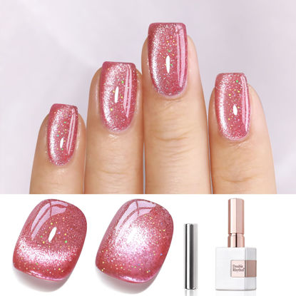 Picture of Double Rhythm 15ML Ice Glass Cat Eye Gel Polish with Magnet Holographic Glitter Shimmer Translucent Sheer Color Salon Soak Off Magnetic Nail at Home (Skin Pink-MC1065)