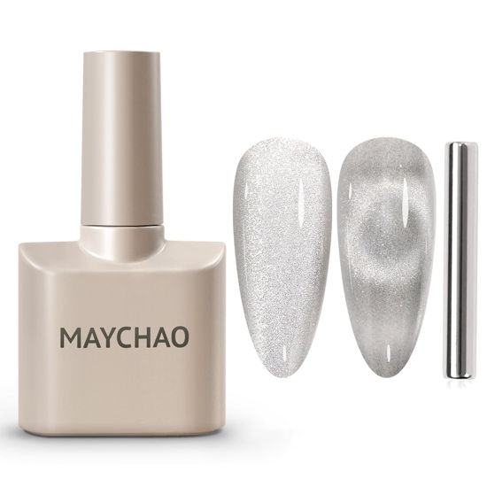 Picture of MAYCHAO 15ML Cat Eye Gel Nail Polish 1Pc Silver Gel Polish with Magnet Soak off Holographic Magnetic Nail Polish for Nail Art Manicure Salon DIY at Home, 0.5 OZ