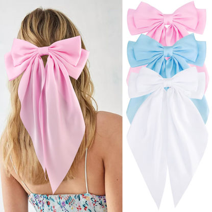 Picture of Velscrun 3Pcs Hair Accessories for Women - Pink, Blue, and White Oversized Satin Bows with Long Tails, Barrettes, and Clips for Girls - Gift Set