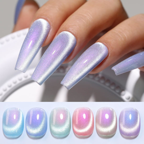 Picture of Double Rhythm Cat Eye Gel Nail Polish Set of 6 Colors Shimmer Glitter with Magnet 9D Holographic Reflective Magnetic Nail Polish Kit (Aurora Mermaid Blue Green Pink Purple-Kit 11)