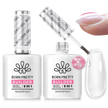 Picture of BORN PRETTY Builder Gel 8-in-1, 2PCS 15ML Clear Builder Nail Gel Set, Transparent Extension Gel Rhinestone Glue for Nail Art Base Gel, LED Nail Lamp Cured Hard Gel Builder for Nail Thickening