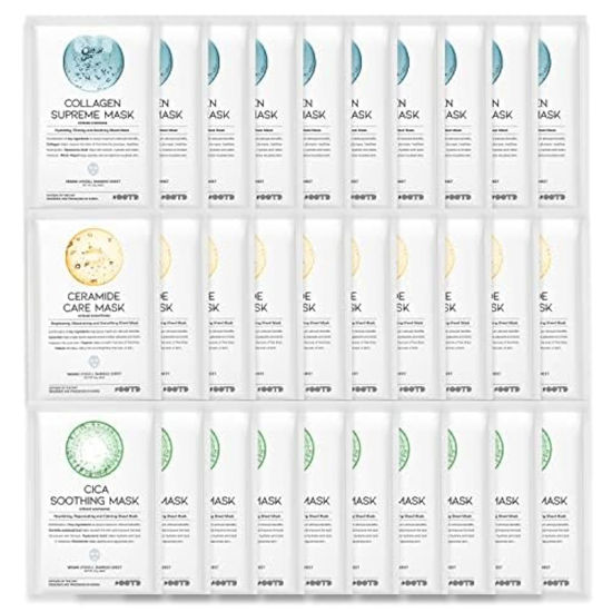 Picture of #OOTD Hydrating Soothing Sheet Masks Gift Set for Skincare, Korean Vegan Sheet Mask for Dry, Sensitive Skin, Calming, Smoothing, Brightening, Collagen, Ceramide, Cica, Hyaluronic Acid 30EA