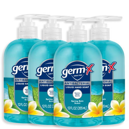 Picture of Germ-X Antibacterial Hand Soap, Moisturizing Liquid Hand Wash for Kitchen or Bathroom, pH Balanced & Dermatologist Tested, Spring Rain, 12 oz Pump Bottle (Pack of 4)