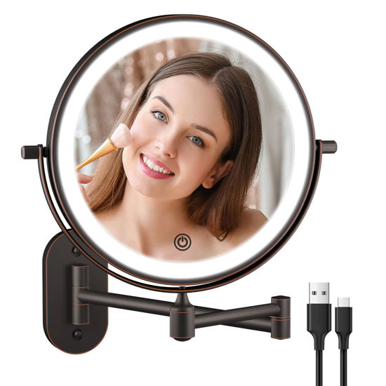 Picture of Rechargeable Wall Mounted Lighted Makeup Vanity Mirror 8 Inch Double Sided 1X 10X Magnifying Bathroom Mirror, 3 Color Lighting, Touch Dimming, Extended Arm 360 Rotation Light up Mirror Antique Bronze