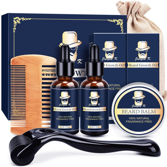 Picture of Jurgen K Beard Growth Kit - Beard Kit for Men with Beard Growth Oil (2 Packs), Balm, Comb, Beard Massager for Patchy Beard, Birthday & Valentines Day Gifts for Him Boyfriend Husband