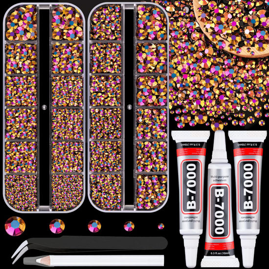 Picture of Resin Jelly Rhinestones for Crafting with B7000 Jewelry Glue, 2 Boxes Gold Rose AB Flatback Crystals with 3Pcs 10ml Glue, Bedazzling Non Hotfix Gems for DIY Tumblers Clothing Shoes Manicure