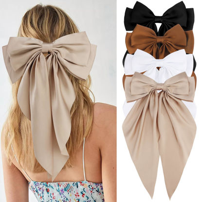 Picture of Velscrun Hair Bows for Women Girls 4Pcs White Silky Hair Bow Khaki Satin Large Coquette Bow Brown Big Hair Bows Clip Oversized Hair Ribbons Long Tail Black Bow Hair Barrettes Hair Accessories Gifts