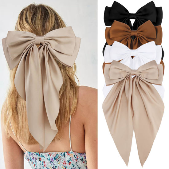 Picture of Velscrun Hair Bows for Women Girls 4Pcs White Silky Hair Bow Khaki Satin Large Coquette Bow Brown Big Hair Bows Clip Oversized Hair Ribbons Long Tail Black Bow Hair Barrettes Hair Accessories Gifts