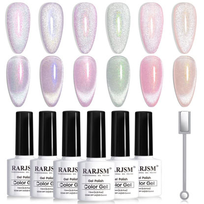 Picture of RARJSM Aurora Cat Eye Gel Nail Polish Set 6 Colors Velvet Silver Glitter Purple Pink Green Champagne Galaxy Star Cloud Ice Gel Polish with Magnet Stick UV LED Curing Requires Soak Off Home Salon