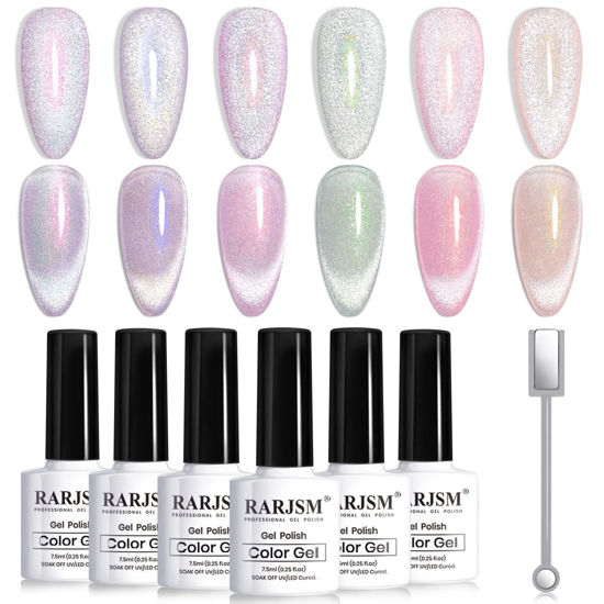 Picture of RARJSM Aurora Cat Eye Gel Nail Polish Set 6 Colors Velvet Silver Glitter Purple Pink Green Champagne Galaxy Star Cloud Ice Gel Polish with Magnet Stick UV LED Curing Requires Soak Off Home Salon