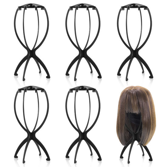 Picture of obeoby Wig Stand, Portable Wig Holder Wig Head Stand for All Wigs Travel Wig (black (6 pack))
