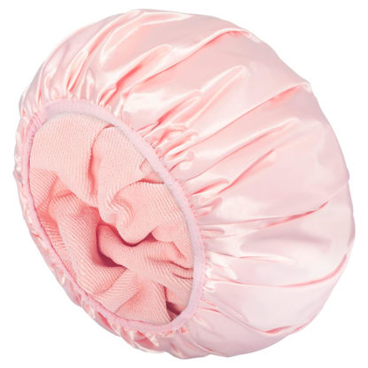 Picture of Aquior Shower Cap,Triple Layer Shower Cap for Women, Reusable Waterproof Bath Cap,Silky Satin Outer Layer Terry Lining, Extra Large for Women Long Hair(Pink)