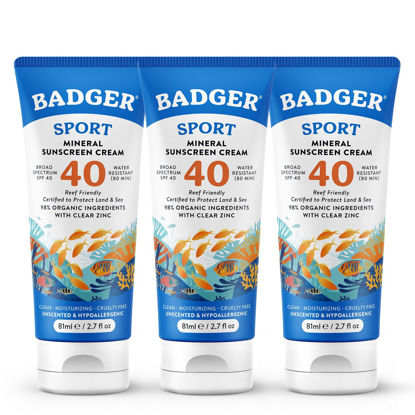 Picture of Badger Reef Safe Sunscreen, SPF 40 Sport Mineral Sunscreen, 98% Organic Sunscreen Ingredients, Broad Spectrum, Water Resistant, Zinc Oxide Sunscreen, Unscented, 2.7 fl oz (3 Pack)
