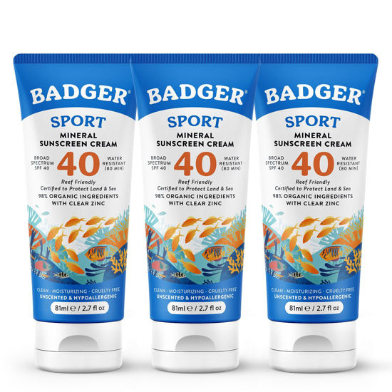 Picture of Badger Reef Safe Sunscreen, SPF 40 Sport Mineral Sunscreen, 98% Organic Sunscreen Ingredients, Broad Spectrum, Water Resistant, Zinc Oxide Sunscreen, Unscented, 2.7 fl oz (3 Pack)