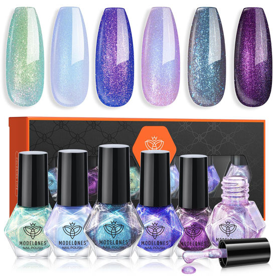 Picture of modelones Chameleon Nail Polish Set 6 Colors, Green Glitter Pink Blue Purple Holographic Quick Dry Mini Nail Lacquer Kit Gray Aurora Shimmer DIY Nail Art Manicure Gift For Women Girls