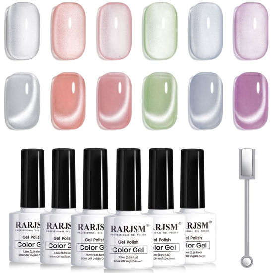 Picture of RARJSM Moonlight Cat Eye Gel Nail Polish Set 6 Pcs Smoothie Ceramic Glitter Shimmer Grape Purple Silver White Blue Green Pink Velvet Mirror Cateye Gel Polish with Magnetic Stick UV LED Curing Require