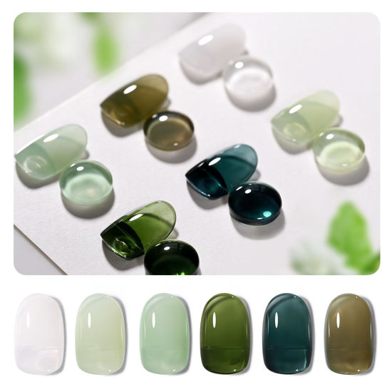 Picture of GAOY Jelly Green Gel Nail Polish Set, 6 Transparent Colors Sheer White, Soak Off UV Light Cure Gel Polish for Salon and Nail Art DIY at Home, Emerald Green