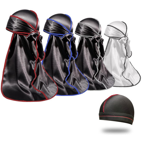 Picture of 4PCS Silky Durags for Men Women 360 Waves with 1 Wave Cap, Silky Satin Durag Extra Long Tails