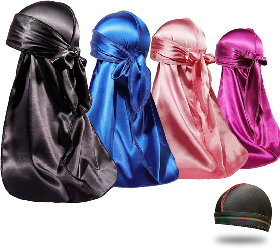 Picture of 4PCS Silky Durags for Men Women 360 Waves with 1 Wave Cap, Silky Satin Durag Extra Long Tails
