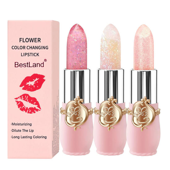 Picture of 3 Pcs/Set Flower Jelly Lipstick Set Temperature Change Moisturizer Long Lasting Nutritious Balm Magic Color Change Lip Gloss (Flower Jelly Lipstick 070809)