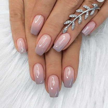 Picture of Press on Nails Short Square Acrylic Fake Nails with Apricot Design Full Cover False Nails Glossy Nude Glue on Nails Artificial Stick on Nails for Women 24Pcs (Gradient Pink Purple)