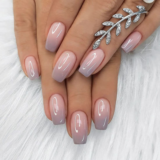 Picture of Press on Nails Short Square Acrylic Fake Nails with Apricot Design Full Cover False Nails Glossy Nude Glue on Nails Artificial Stick on Nails for Women 24Pcs (Gradient Pink Purple)