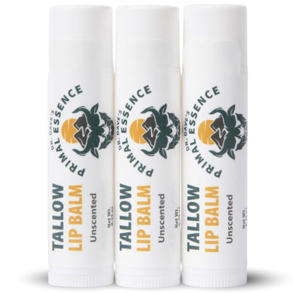 Picture of Dr. Dave's Primal Essence Moisturizing Tallow Lip Balm - Nourishing and Soothing Grass Fed Beef Tallow with Organic Coconut Oil, Beeswax, and Vitamin E - Unscented Lip Balm - 3-Pack