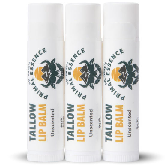 Picture of Dr. Dave's Primal Essence Moisturizing Tallow Lip Balm - Nourishing and Soothing Grass Fed Beef Tallow with Organic Coconut Oil, Beeswax, and Vitamin E - Unscented Lip Balm - 3-Pack