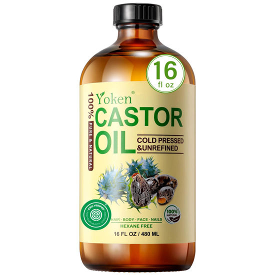 Picture of Yoken EWG Verified Castor Oil Glass Bottle 16 fl oz 100% Pure Natural Cold Pressed Castor oil for Face, Body, Hair, Eyelash, Skin - Hexane Free, Unrefined, Virgin, Rich Fatty Acids for Castor Oil Pack